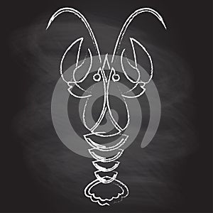 Crawfish or lobster outline silhouette isolated on chalkboard. Hand drawn style. Vector icon or sign.